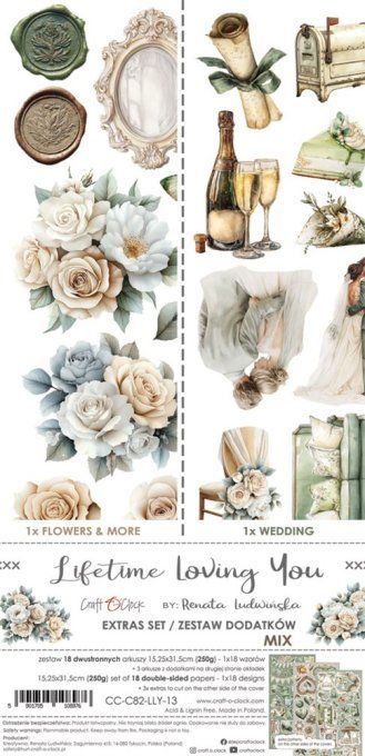 Ensemble de 18 feuilles, 15x30cm, collection : Lifetime Loving You, Craft O Clock, 250g - Mix