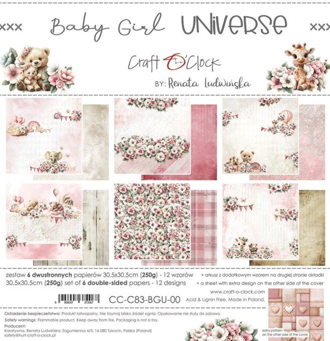 6 feuilles, 30x30cm, collection : Baby Girl universe - Craft O Clock, 250g 