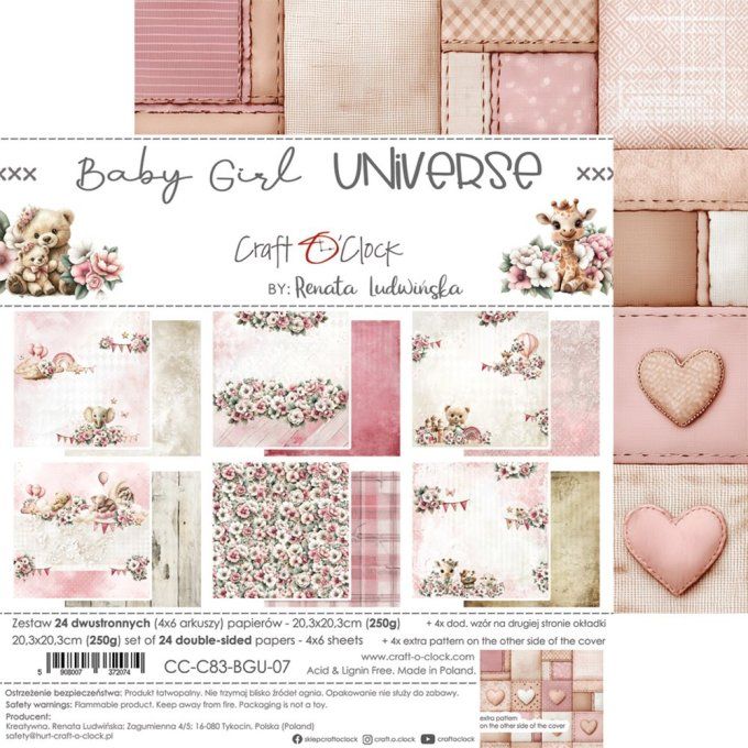 24 feuilles, 20x20cm, collection : Baby girl universe - Craft O Clock, 250g 
