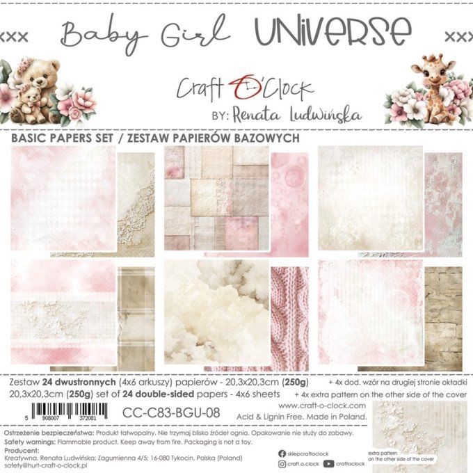 24 feuilles, 20x20cm, collection : Baby girl universe - Craft O Clock, 250g - Basic paper