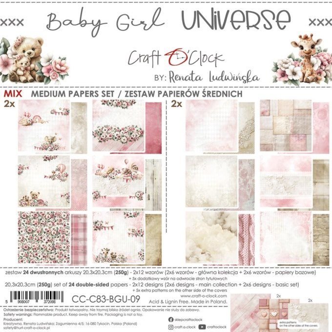24 feuilles, 20x20cm, collection : Baby girl universe - Craft O Clock, 250g - Mix