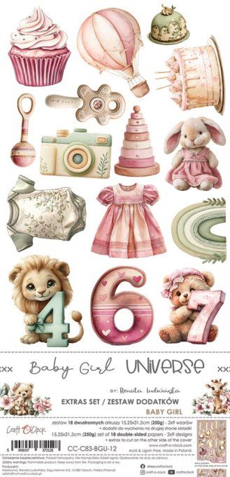 Ensemble de 18 feuilles, 15x30cm, collection : Baby girl universe, Craft O Clock, 250g 
