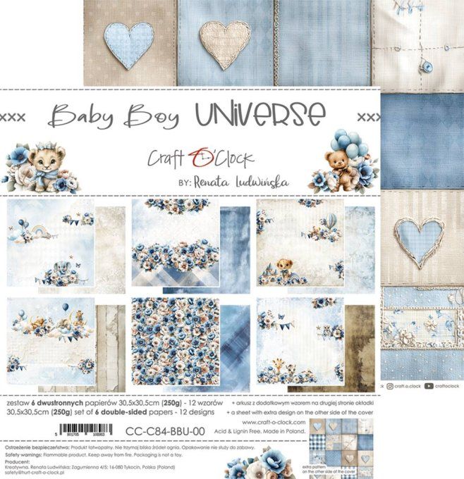 6 feuilles, 30x30cm, collection : Baby boy universe - Craft O Clock, 250g 