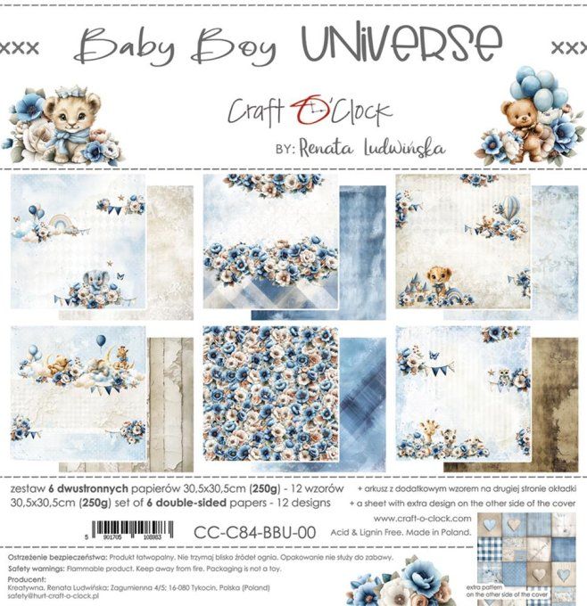 6 feuilles, 30x30cm, collection : Baby boy universe - Craft O Clock, 250g 