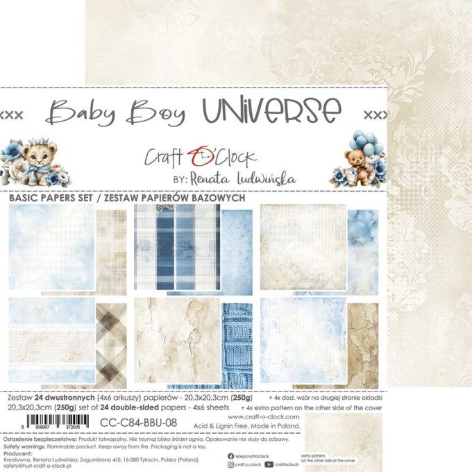 24 feuilles, 20x20cm, collection : Baby boy universe - Craft O Clock, 250g - Basic paper