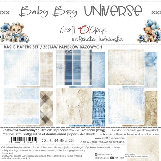 24 feuilles, 20x20cm, collection : Baby boy universe - Craft O Clock, 250g - Basic paper