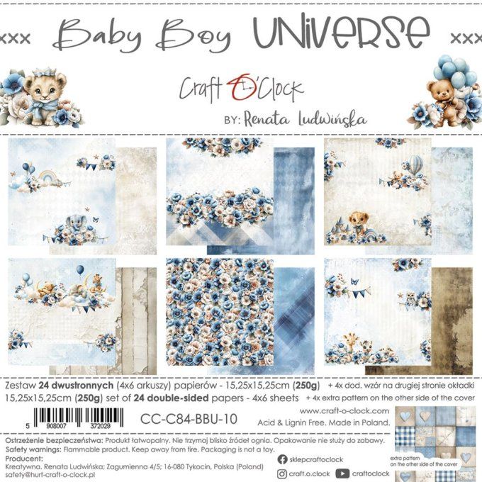 24 feuilles, 15x15cm, collection : Baby boy Universe - Craft O Clock, 250g