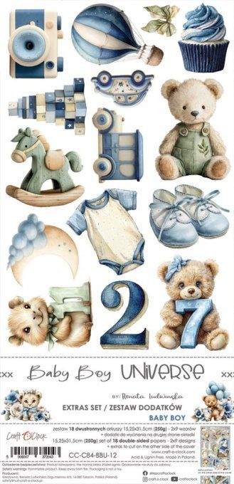 Ensemble de 18 feuilles, 15x30cm, collection : Baby boy universe, Craft O Clock, 250g  