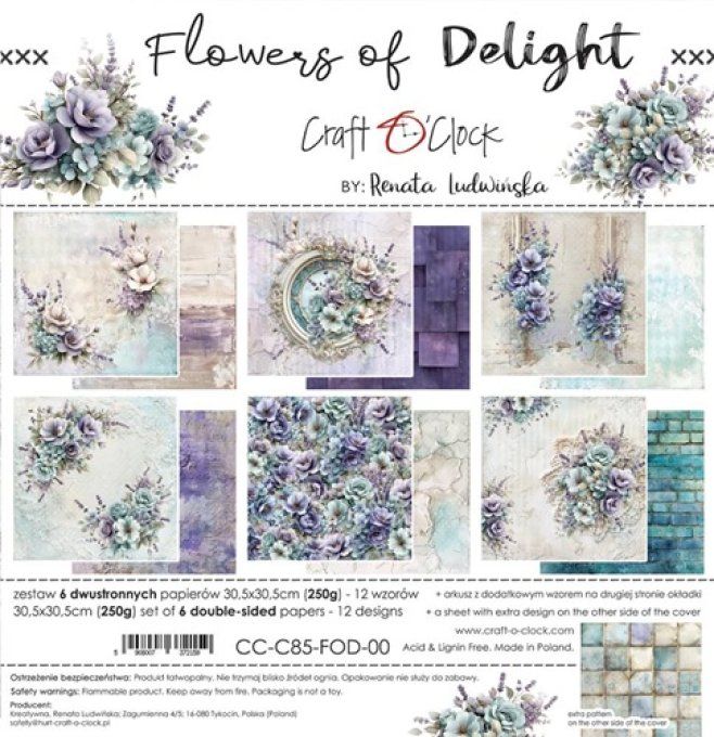 6 feuilles, 30x30cm, collection : Flowers of delight - Craft O Clock, 250g  