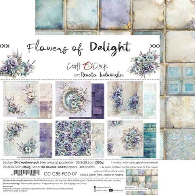 24 feuilles, 20x20cm, collection : Flowers of delight - Craft O Clock, 250g