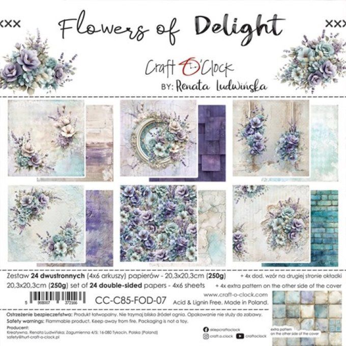 24 feuilles, 20x20cm, collection : Flowers of delight - Craft O Clock, 250g