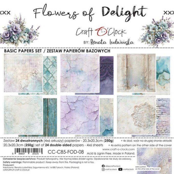 24 feuilles, 20x20cm, collection : Flowers of delight - Craft O Clock, 250g - Basic