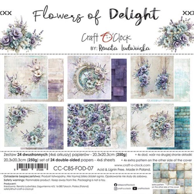 24 feuilles, 20x20cm, collection : Flowers of delight - Craft O Clock, 250g - Mix