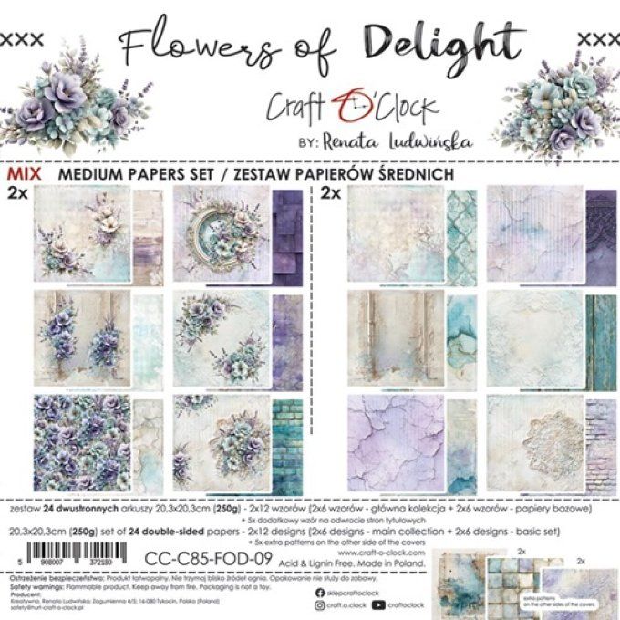 24 feuilles, 20x20cm, collection : Flowers of delight - Craft O Clock, 250g - Mix