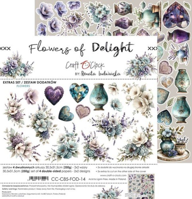 4 feuilles, 30x31cm, collection : Flowers of delight - Craft O Clock, 250g - Flowers of delight