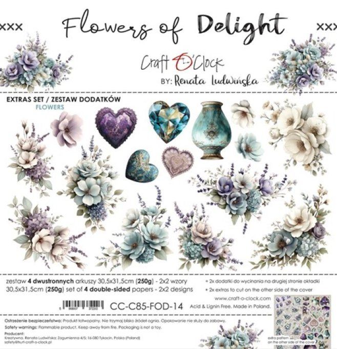 4 feuilles, 30x31cm, collection : Flowers of delight - Craft O Clock, 250g - Flowers of delight