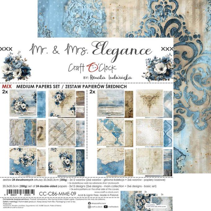 24 feuilles, 20x20cm, collection : Mr and Mrs Elegance - Craft O Clock, 250g  - Mix
