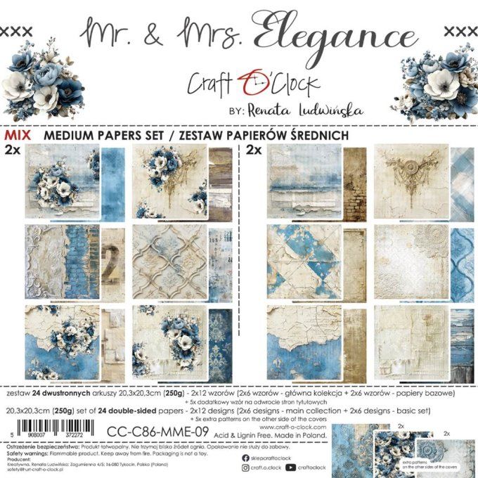 24 feuilles, 20x20cm, collection : Mr and Mrs Elegance - Craft O Clock, 250g  - Mix