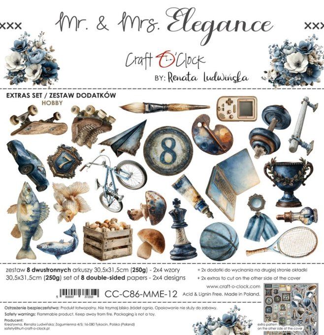 8 feuilles, 30x31cm, collection : Mr and Mrs Elegance - Craft O Clock, 250g - Mix