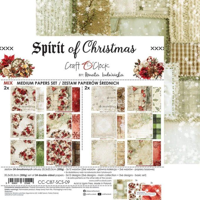 24 feuilles, 20x20cm, collection : Spirit of christmas - Craft O Clock, 250g - Mix