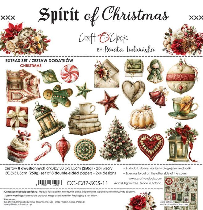 8 feuilles, 30x31cm, collection : Spirit of christmas - Craft O Clock, 250g - Eléments à découper 