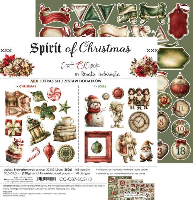 8 feuilles, 30x31cm, collection : Spirit of christmas - Craft O Clock, 250g - MIX 
