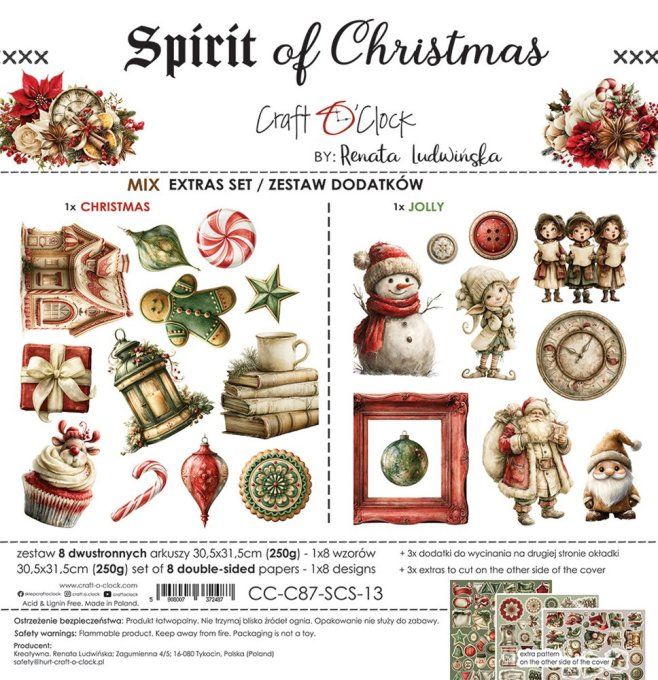 8 feuilles, 30x31cm, collection : Spirit of christmas - Craft O Clock, 250g - MIX 