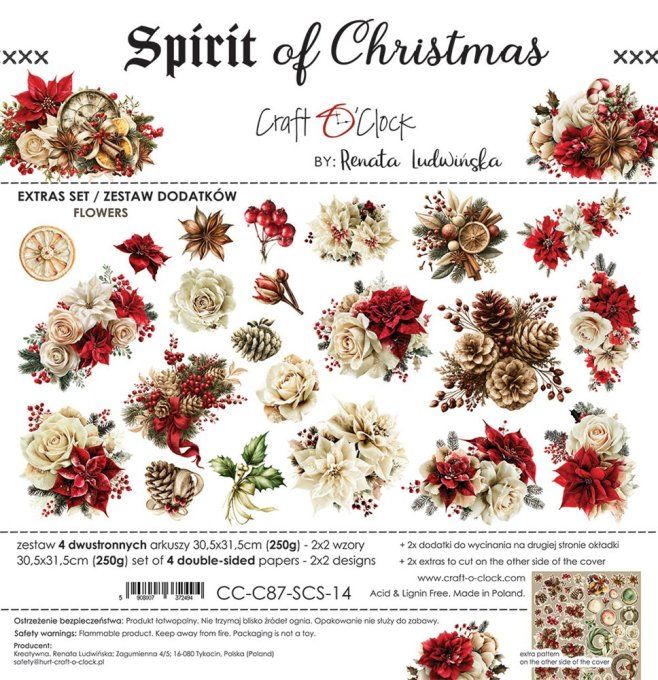4 feuilles, 30x31cm, collection : Spirit of christmas - Craft O Clock, 250g - Flowers & More