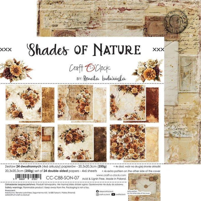 24 feuilles, 20x20cm, collection : Shades of nature - Craft O Clock, 250g
