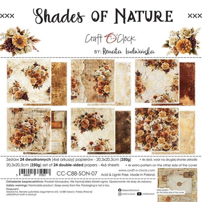 24 feuilles, 20x20cm, collection : Shades of nature - Craft O Clock, 250g