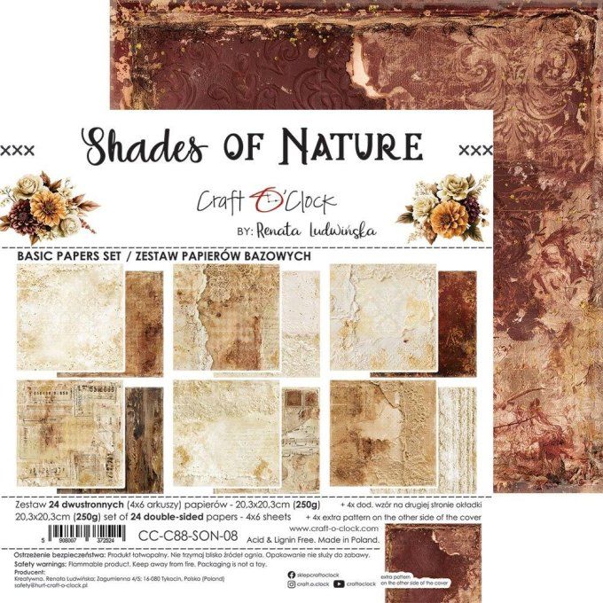 24 feuilles, 20x20cm, collection : Shades of nature - Craft O Clock, 250g