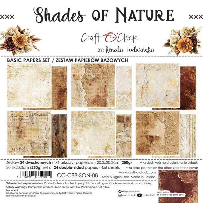 24 feuilles, 20x20cm, collection : Shades of nature - Craft O Clock, 250g - Mix