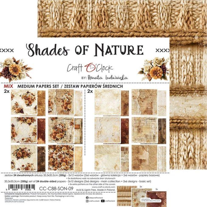 24 feuilles, 20x20cm, collection : Shades of nature - Craft O Clock, 250g - Mix