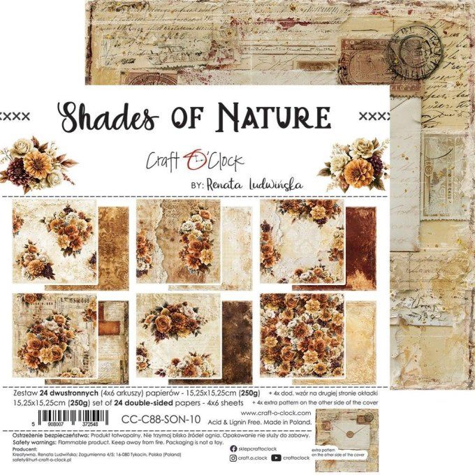 24 feuilles, 15x15cm, collection : Shades of nature - Craft O Clock, 250gsm