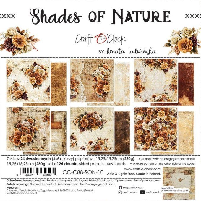 24 feuilles, 15x15cm, collection : Shades of nature - Craft O Clock, 250gsm