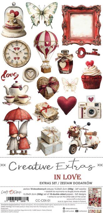 Ensemble de 18 feuilles, 15x30cm, collection : In love, Craft O Clock, 250g - Extras