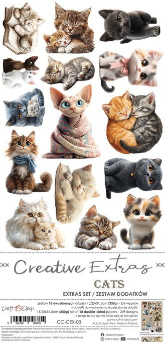 Ensemble de 18 feuilles, 15x30cm, collection : Cats, Craft O Clock, 250g - Extras