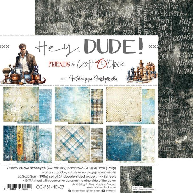 Ensemble de 24 feuilles, 20x20cm, collection : Hey, Dude ! - Craft O Clock, 190g 