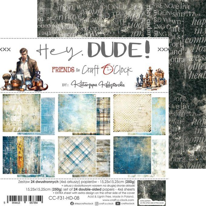 Ensemble de 24 feuilles, 15x15cm, collection : Hey, Dude ! - Craft O Clock, 250g