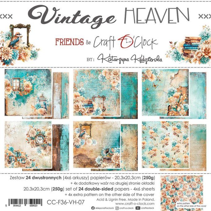 Ensemble de 24 feuilles, 20x20cm, collection : Vintage heaven - Craft O Clock, 250g