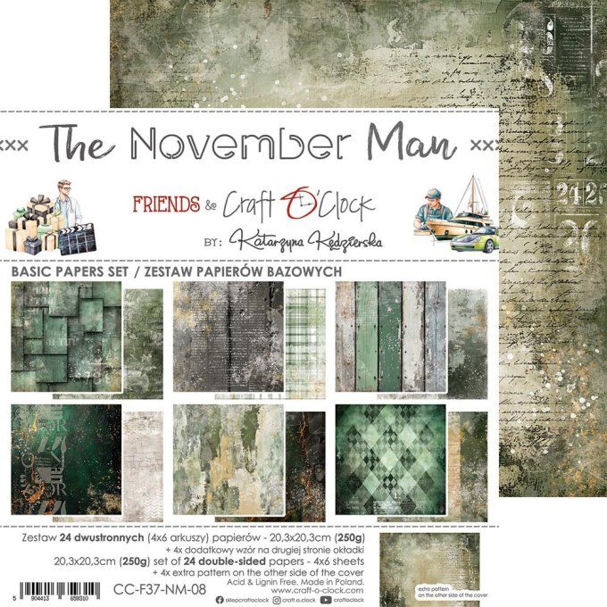 Ensemble de 24 feuilles, 20x20cm, collection : The November Man - Craft O Clock, 250g