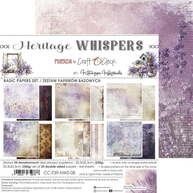 Ensemble de 24 feuilles, 20x20cm, collection : Heritage whispers - Craft O Clock, 250g 
