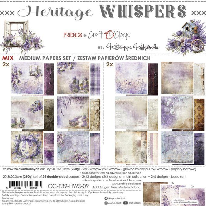 Ensemble de 24 feuilles, 20x20cm, collection : Heritage whispers - Craft O Clock, 250g - Mix