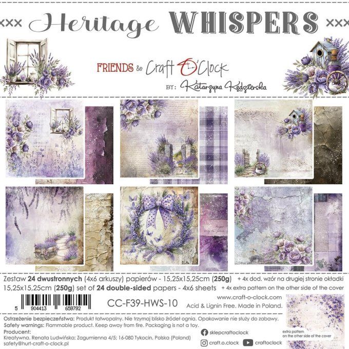 Ensemble de 24 feuilles, 15x15cm, collection : Heritage whispers - Craft O Clock, 250g