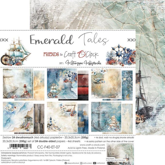 Ensemble de 24 feuilles, 20x20cm, collection : Emerald tales - Craft O Clock, 250g