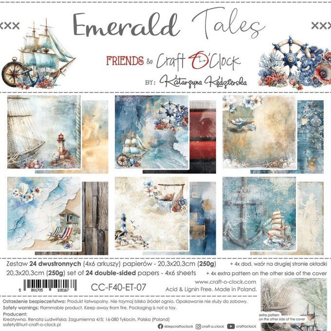 Ensemble de 24 feuilles, 20x20cm, collection : Emerald tales - Craft O Clock, 250g