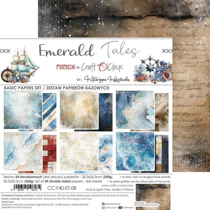 Ensemble de 24 feuilles, 20x20cm, collection : Emerald tales - Craft O Clock, 250g 