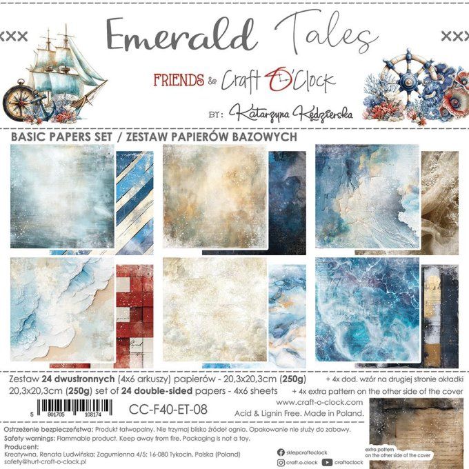 Ensemble de 24 feuilles, 20x20cm, collection : Emerald tales - Craft O Clock, 250g 