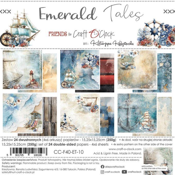 Ensemble de 24 feuilles, 15x15cm, collection : Emerald tales - Craft O Clock, 250g
