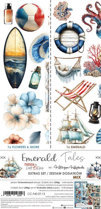 Ensemble de 18 feuilles, 15x30cm, collection : Emerald tales, Craft O Clock, 250g - Mix